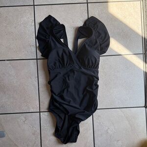 Latched Mama Black Swimsuit with Ruffles-nursing